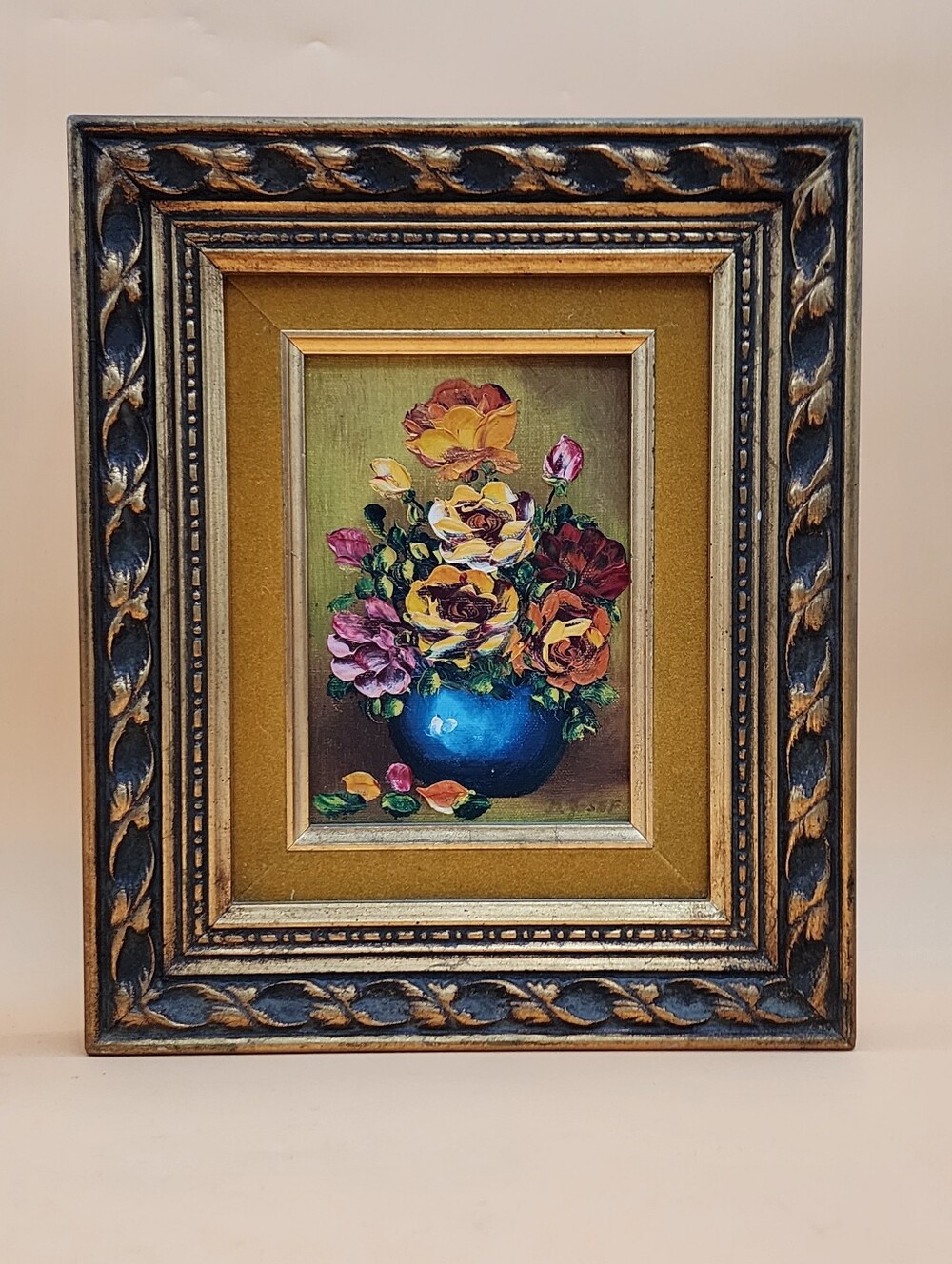 Vintage Oil Painting of Floral Still Life Flowers in a Blue Vase Framed